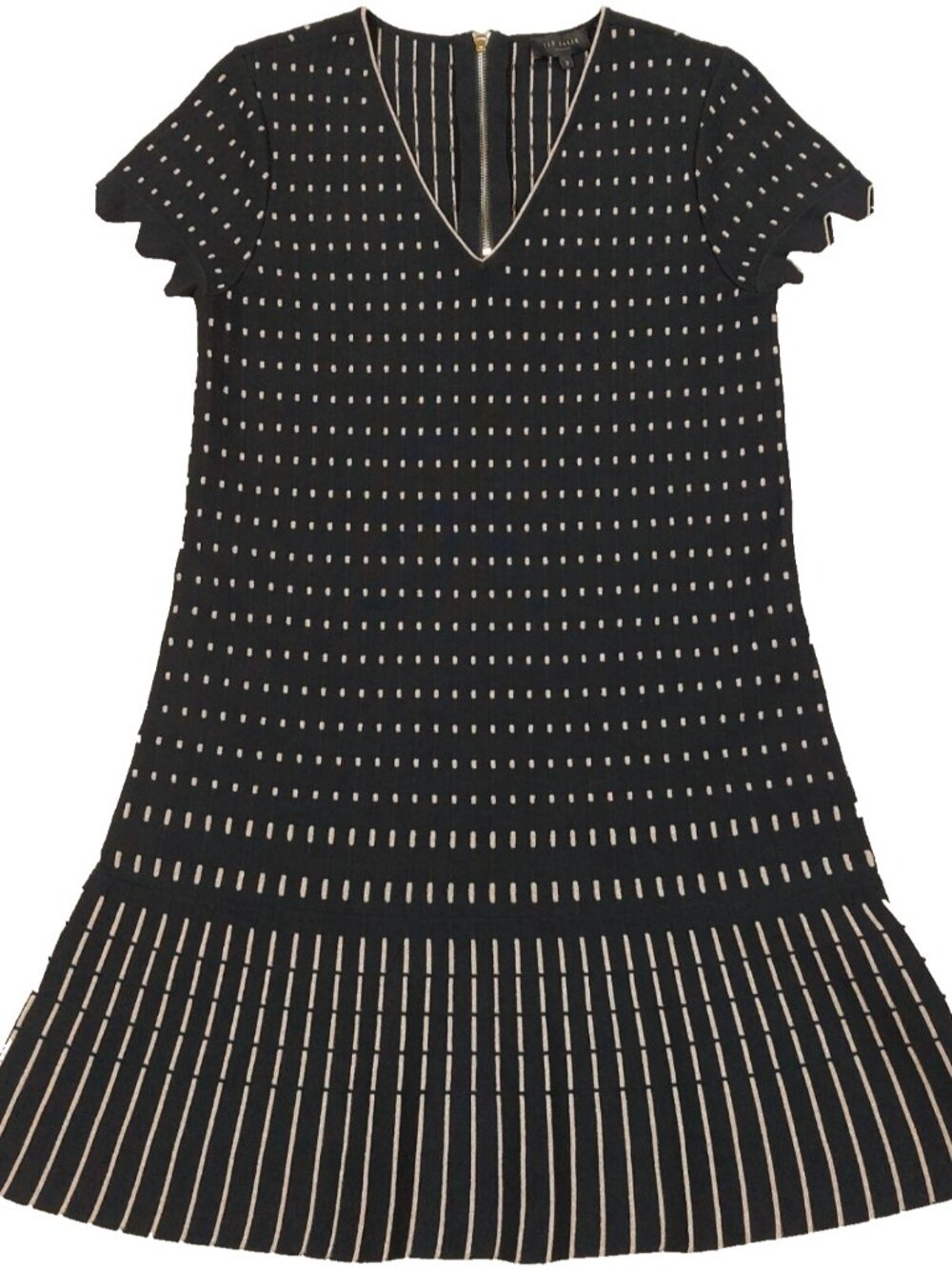 Ted Baker Maciiey Knit Dress Womens Sz 3, Art Deco Black/Gold, Scalloped Sleeves